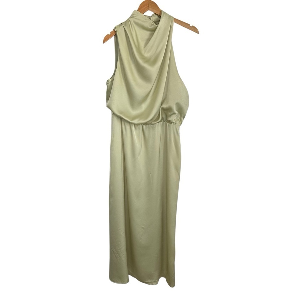 Commense Womens Satin Asymmetrical Halter Neckline Dress Large Green Sleeveless